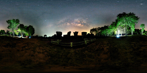 VR360 Panorama, The Milky Way over the rocks in Phu Lan Kha National Park, Chaiyaphum Province, Thailand