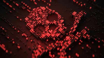 Cyber Jolly Roger of glowing red cubes. Malicious computer programming or online piracy concept. Seamless loop 3D render animation with DOF