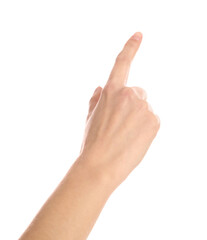 Wall Mural - Woman pointing at something on white background, closeup. Finger gesture