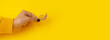 wooden snail in hand over yellow background, slowness concept, panoramic mock-up
