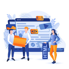 Web development scene. Developers team is working together on project. Create of interfaces and applications, coding, programming concept. Vector illustration of people characters in flat design