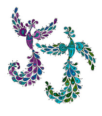 Poster - Couple of Magic Fairy Birds. Phoenix Birds. Mythical character. Ornamental Silhouette for your design