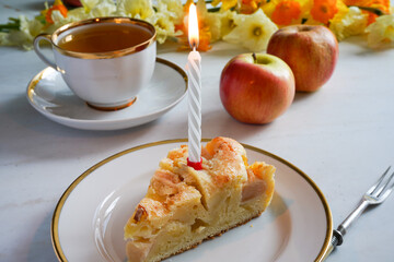 Plate with piece of tasty homemade apple pie on white background 