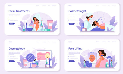  Cosmetologist web banner or landing page set, skin care and treatment.