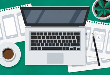 Wall Mural - flat lay illustration of a ux ui designer desk with laptop and mobile app wireframe sketches.