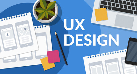 Wall Mural - user experience designer workspace with mobile app wireframe sketches. ux design concept web banner.