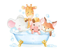 Cute Cartoon Animals Showering In Bath Tub Illustration