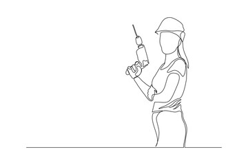 Continuous line drawing of young handy woman wearing uniform while holding drill machine. Single one line art of repair woman construction maintenance service concept. Vector illustration