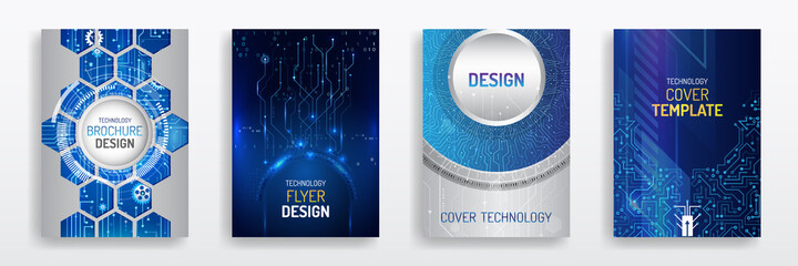Wall Mural - Blue layout futuristic brochures, flyers, placards. Contemporary science and digital technology concept. Vector template for brochure or cover with hi-tech elements background.
