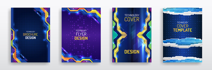 Vector template for brochure or cover with hi-tech elements background. Blue layout futuristic brochures, flyers, placards. Contemporary science and digital technology concept.