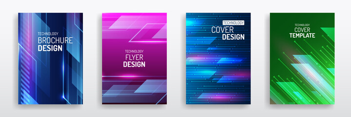 Colorful layout futuristic brochures, flyers, placards. Contemporary science and digital technology concept. Vector template for brochure or cover with hi-tech elements background.