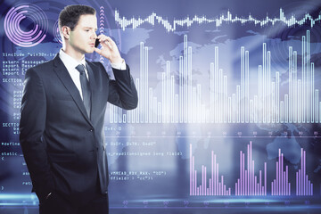 Poster - Businessman talking on the phone, trading bar blue charts in the background. Trading and market concept