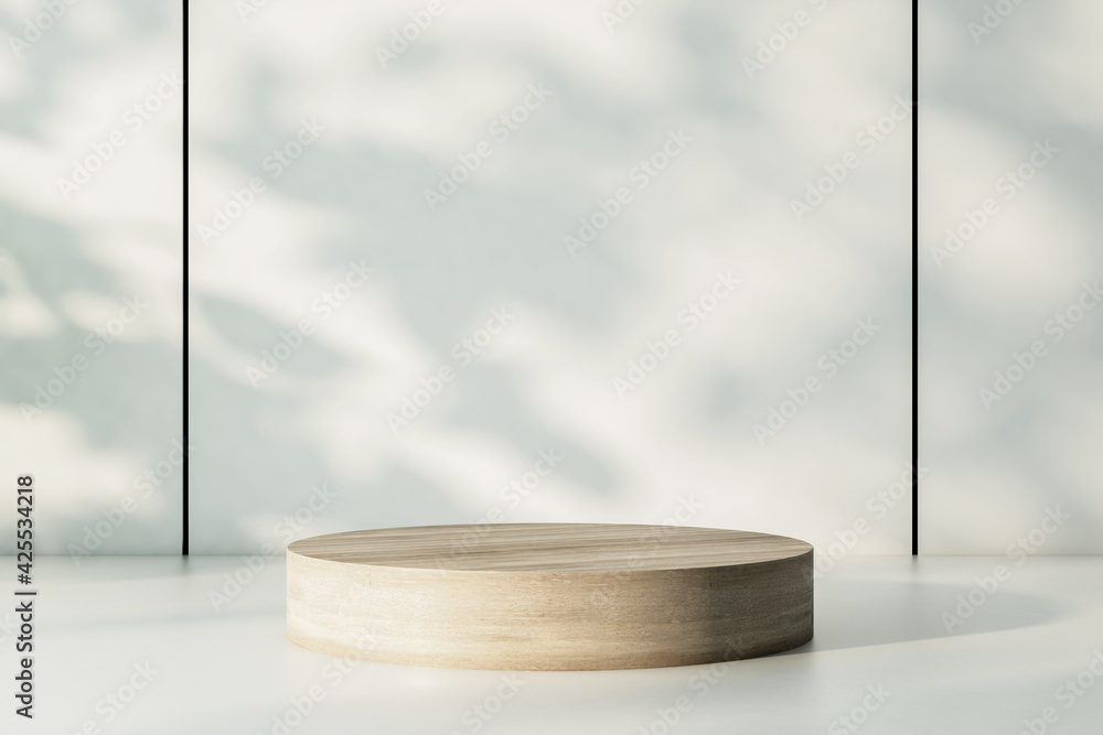 Empty wooden round podium on warm shadow surface at sunny wall backdrop. 3D rendering, mockup - obrazy, fototapety, plakaty 