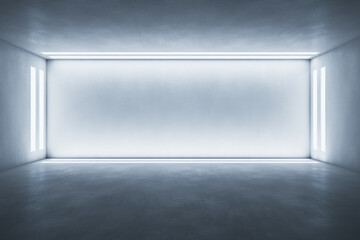 Blank light wall framed by led lights in industrial style empty hall with concrete floor. 3D rendering, mock up