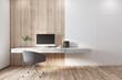 © Who is Danny - Stylish home work place with marble console as a table, modern computer, wooden wall and floor