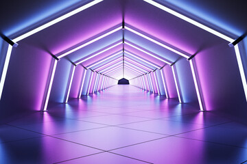 Futuristic design tunnel with luminescent lapms in purple shadows