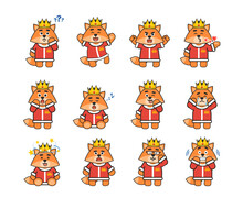 Fox King Characters Set Showing Various Emotions, Facial Expressions. Modern Vector Illustration