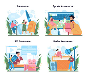 Poster - Announcer concept set. TV presenter, radio host in studio. Broadcaster speaking