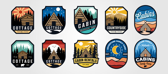 set of vector cottage outdoor logo emblem vector illustration design, adventure cabin camp badge vec