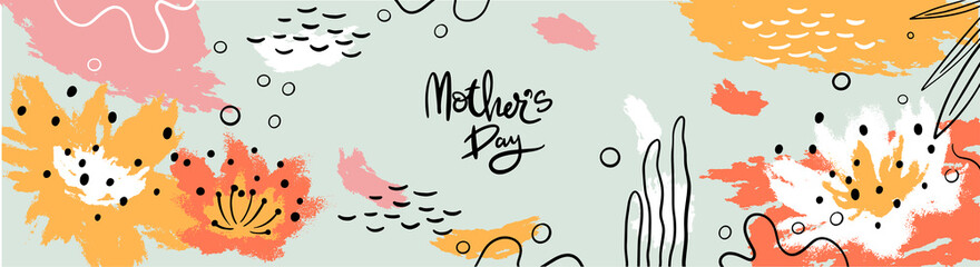 Naklejka na meble Happy Mother's Day web banner illustration. flowers, brushstrokes, fauna. hand-drawn Modern minimalist style. Horizontal poster, greeting card, website title