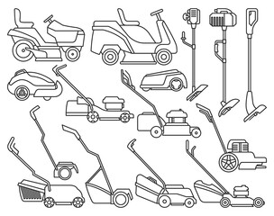 Lawn mower vector illustration on white background. Isolated outline set icon lawnmower. Vector outline set icon lawn mower.