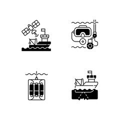 Poster - Marine exploration black linear icons set. Taking water sampler from ocean or sea with use of special equipment. Nautical industry. Glyph contour symbols. Vector isolated outline illustrations