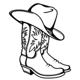 Fototapeta Konie - Cowboy boots and western hat. Vector graphic hand drawn illustration rodeo cowboy clothes isolated on white for print or design