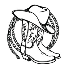 Cowboy Boots And Western Hat. Vector Graphic Hand Drawn Illustration Rodeo Cowboy Clothes Isolated On White For Print Or Design