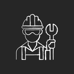 Poster - Blue collar worker chalk white icon on black background. Repairman with wrench. Mechanic with tool for construction work. Profession, occupation. Social class. Isolated vector chalkboard illustration