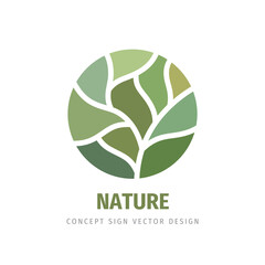 Nature concept logo design. Green leaves creative logo sign. Abstract shapes in circle. Environment logo symbol. Vector illustration. 