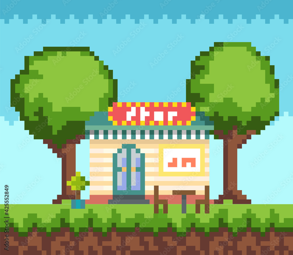 Pixel art game scene with ground, grass, tree, sky and house. Pixelated ...