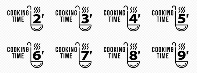 Stamps for product packaging. Recommended cooking times for pasta and other food products. Ladies flat icon with time indicator. Vector set.