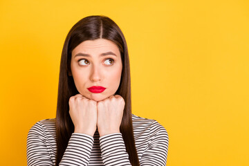 Sticker - Photo of young girl unhappy sad upset offended depressed failure look empty space isolated over yellow color background