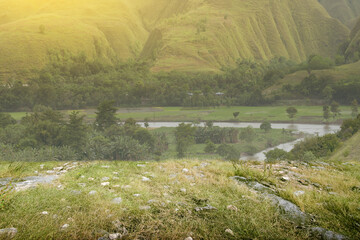 Canvas Print - Meadow field with river