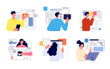 People develop app. Web development, developer easy information update. Abstract banners, phone application or software designer utter vector set