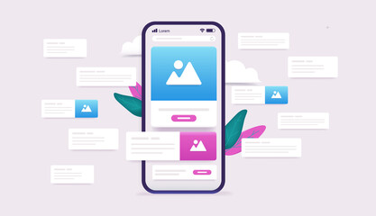 Poster - Finding information online - Smartphone with internet browser, images, text and information floating around. Search result vector illustration.