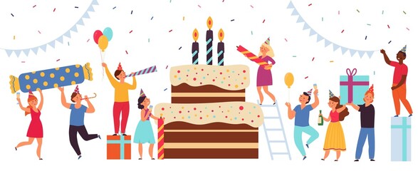 Wall Mural - Birthday cake concept. Happy party, team greeting women. Adults business corporate holiday, pie with candles. Friends event decent vector banner