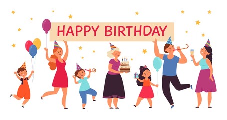 Poster - Happy birthday party concept. Family event, people celebrate and congratulate. Happy person with gift and cake decent vector festive banner