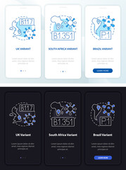 Virus types onboarding mobile app page screen with concepts. Africa variant of covid walkthrough 6 steps graphic instructions. UI, UX, GUI vector template with linear night and day mode illustrations