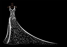 Hanging On A Hanger Is A Beautiful Lace And Sparkly Dress For Wedding, Evening Or Prom. Beauty And Fashion. Background Vector Illustration Template For Invitation, Flyer Or Card.
