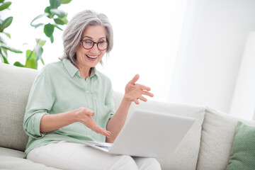 Sticker - Photo of positive aged person sit on couch look laptop speak tell have good mood free time indoors