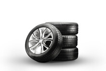 Summer Tires And Wheels-stack On A White Background