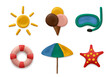 Plasticine modeling summer objects. Clay artwork sea or marine sun objects fishes palm tree kids sculpt education decent vector realistic collection