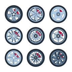 Poster - Wheels with brake pads. Modern vehicle wheels circle round forms detailed illustrations garish vector pictures collection isolated