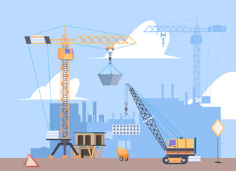 Canvas Print - Constructions crane. Builders making big house engineering build cranes workers loader machines garish vector cartoon background