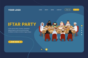 Wall Mural - Iftar party with Family During Ramadan Month, Eat Together With Muslim Family, Ramadan Fasting vector Illustration landing page template