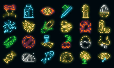 Food allergy icons set. Outline set of food allergy vector icons neon color on black