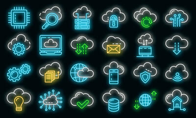 Wall Mural - cloud technology icons set. outline set of cloud technology vector icons neon color on black