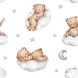Fototapeta Dziecięca - Seamless pattern with teddy bears on clouds, moon and stars; watercolor hand drawn illustration; with white isolated background