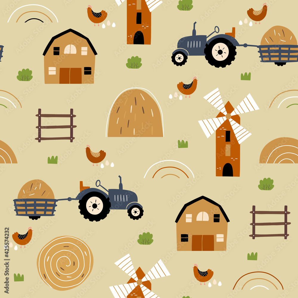 Farm Pattern Backdrop Farm seamless pattern. Background with car tractors and houses. Use for ...
